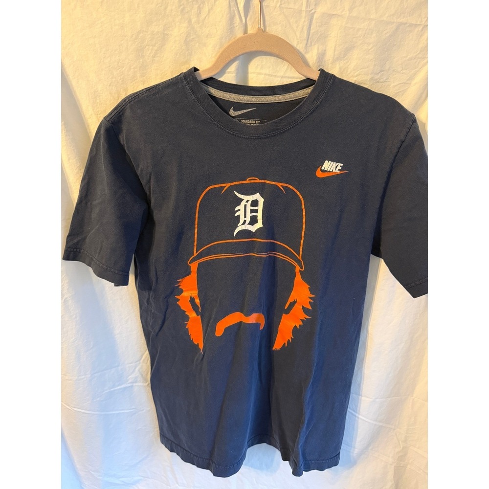 Nike Detroit Tigers T Shirt Mens Medium Navy Blue Orange Graphic Mustache Tee